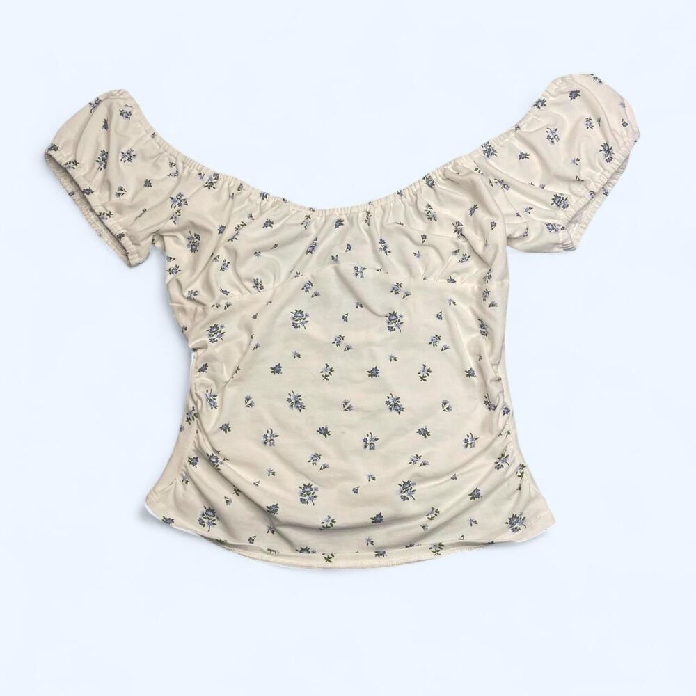 White Blue Floral Milkmaid Top Ruched Bust Off The Shoulder